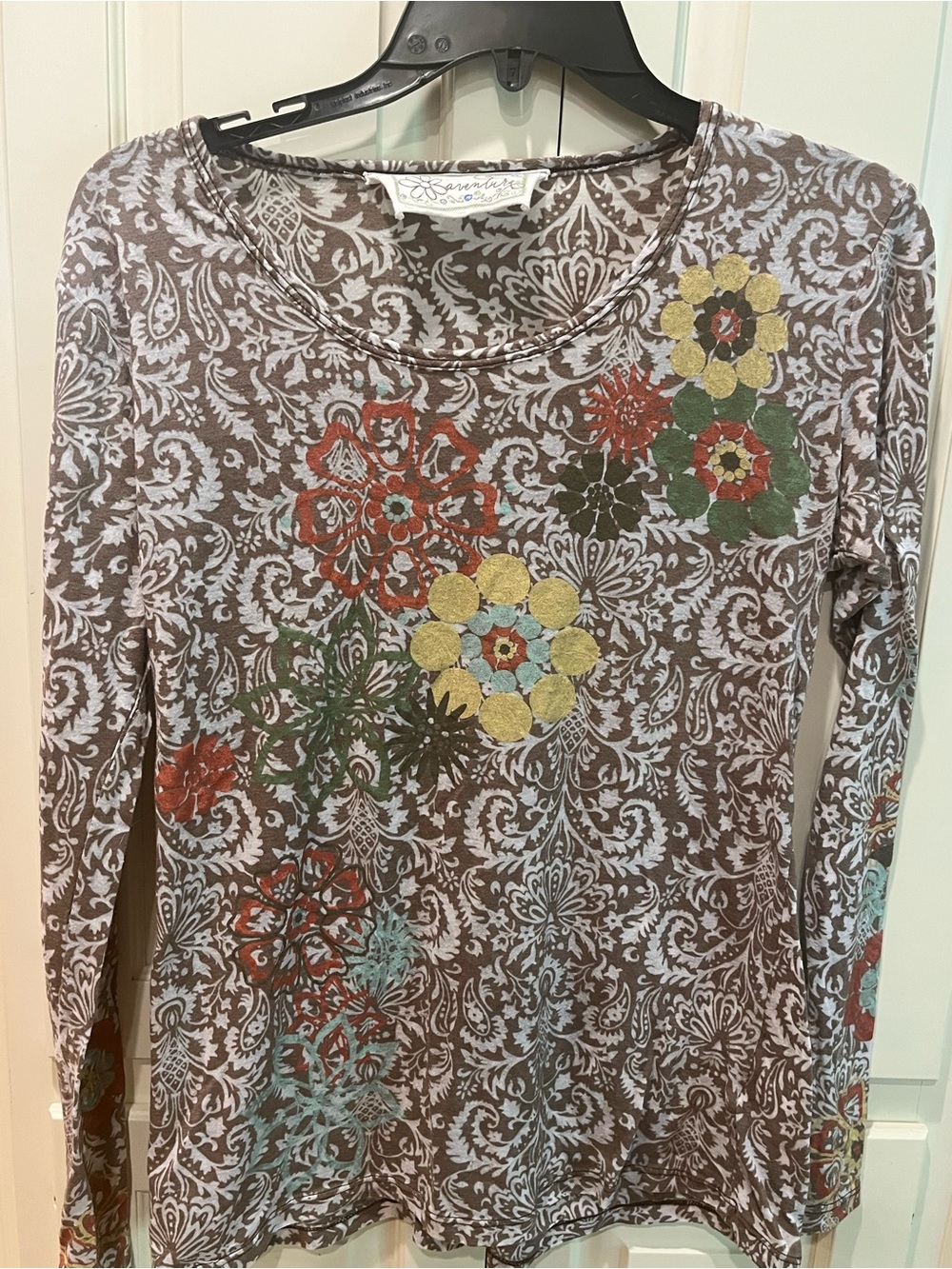 Aventura Brown Long-Sleeve Top with Multicolor Floral Accents